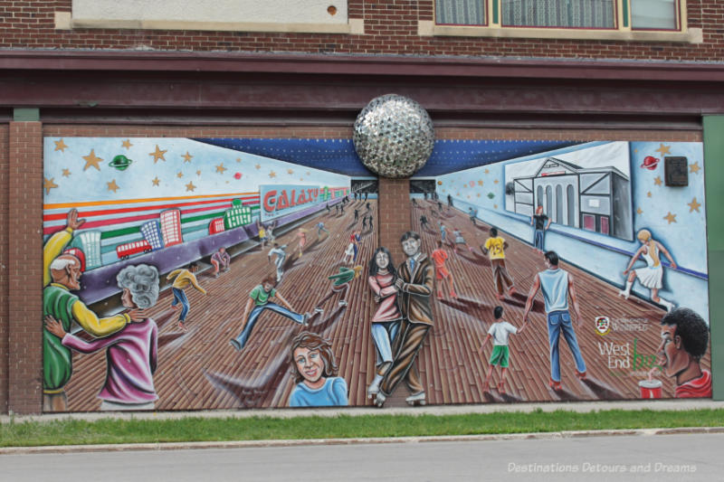 A mural showing people of all ages and time periods at a roller rink