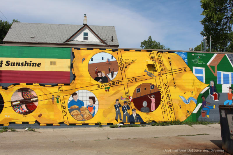 A mural with a yellow background showing a street layout with vignettes depicting historical events