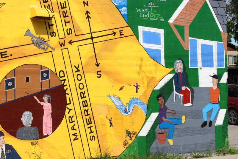 Part of a mural showing people sitting on the front steps of a building with a speech bubble coming from one of the women showing a street map