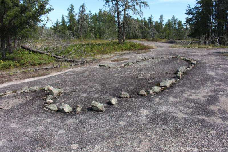 Large oval petroform on bedrock surrounded by trees