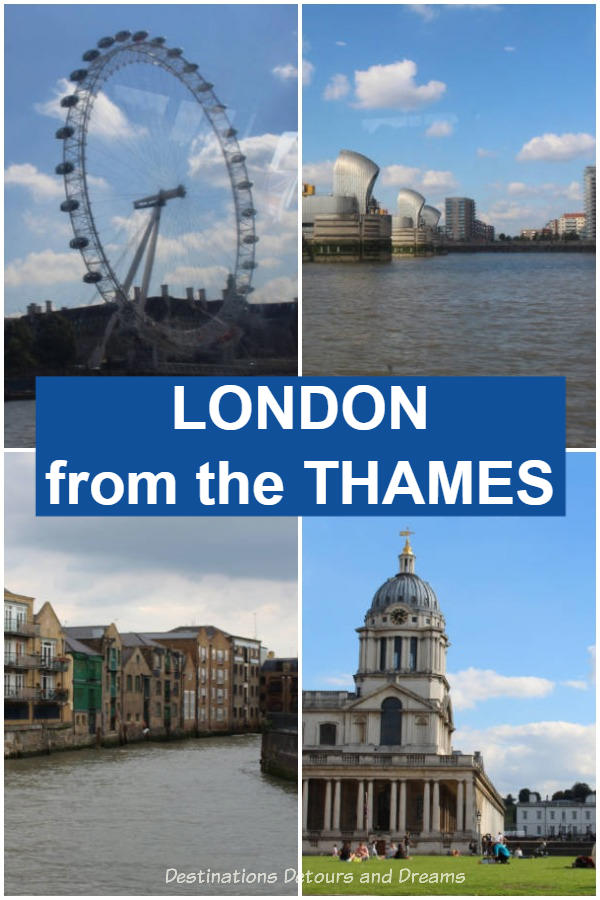 London from the Thames. From London Eye Pier to Greenwich and beyond, a view of landmarks in London, England from the Thames via the Thames Clipper River Bus. #London England #Landmarks