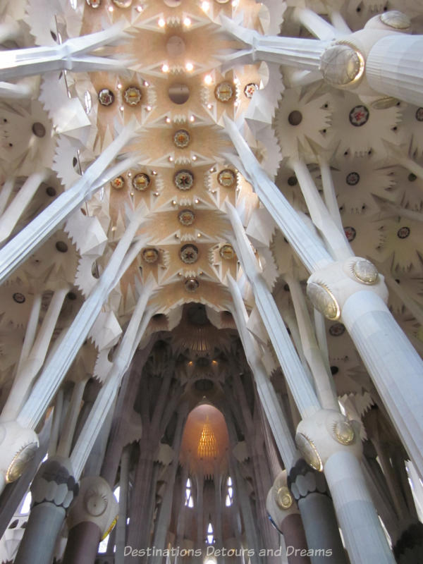 Decorated ceiling at the top of tall pillars inside La Sagrada Família