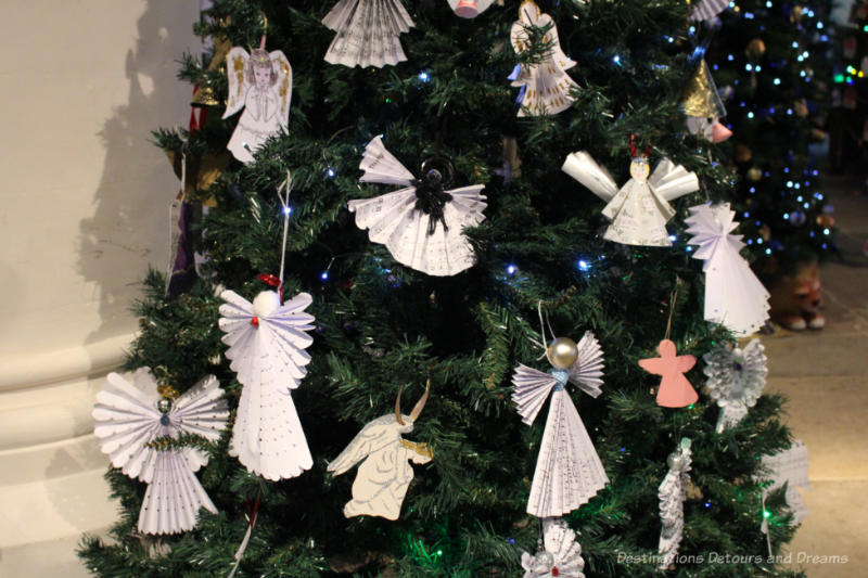 A Christmas tree decorated with paper angels