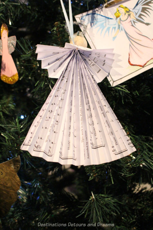 Angel made out of sheet music for a Christmas tree ornament