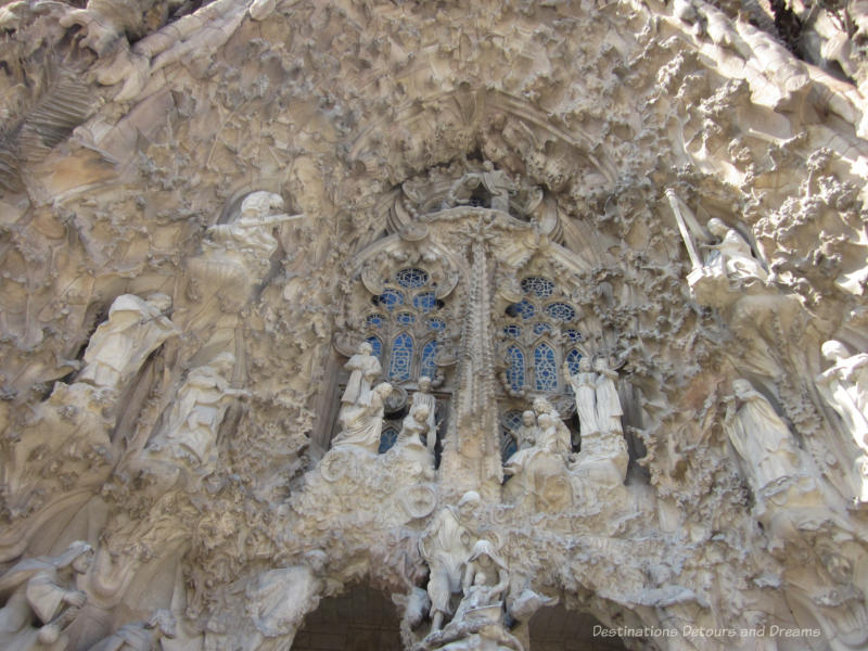 Ornate stone carvings of the nativity scene on the Nativity Facade of La Sagrada Família Nativity Facade