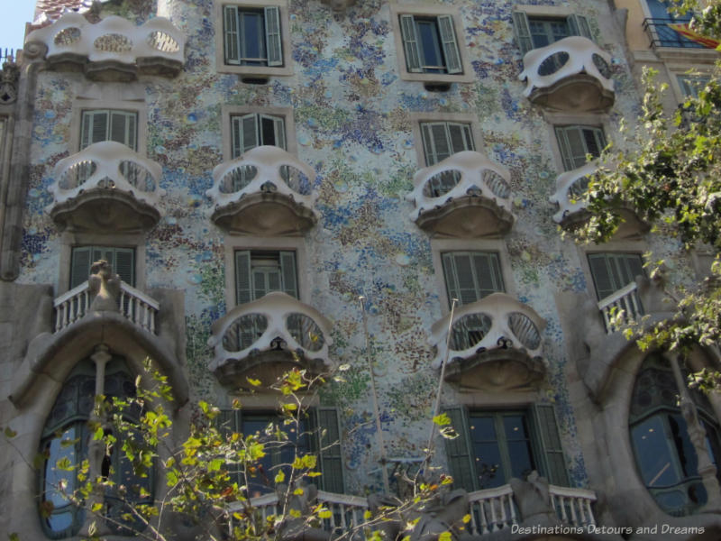 Gaudí in Barlceona The multi-coloured facade and skeleton-like balcony railing of Gaudí's Casa Batlló