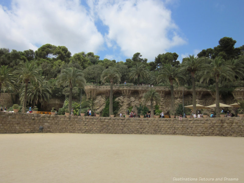 Trees beyond the terrace at Park Guell