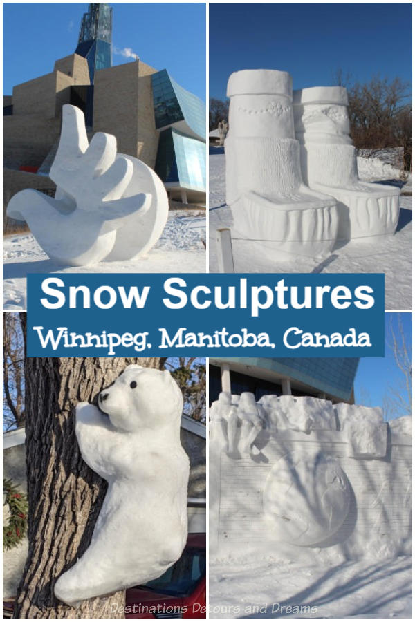 Festival Snow Sculptures in Winnipeg, Manitoba, Canada: Snow sculptures are a big part of western Canada's biggest winter festival, Festival du Voyageur even in a year when the festival has been forced to go virtual.