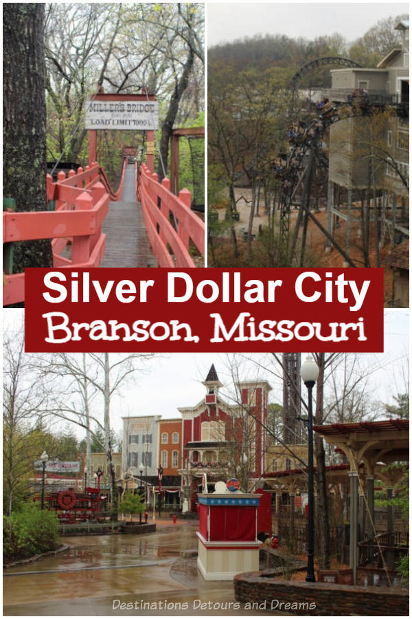 Silver Dollar City: Branson's 1880s Theme Park. Silver Dollar City in Branson, Missouri is an 1880s style them park with historical buildings in an Ozark mountain village setting, amusement park rides, and craftsmen demonstrating heritage crafts. #Branson #Missouri #themepark #heritage #craftsmen