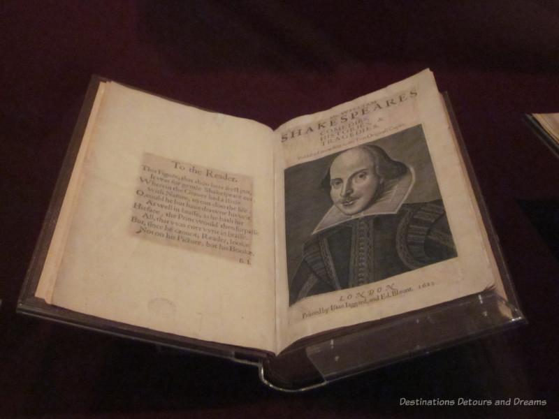 Shakespeare Folio open to page with his photo on the right and a message to the reader on the left