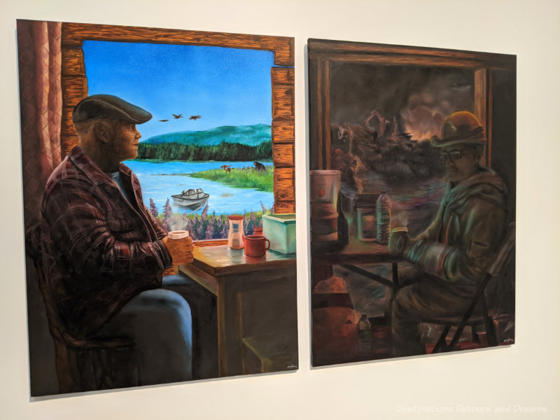 Two paintings side by each, one showing a man in a warming shack during the day with the lake and mountain visible out the window, the other darker, more blurred with fire and cranes out the window