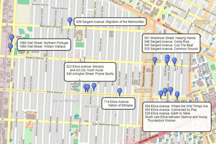Map with points of interest (murals) highlighted