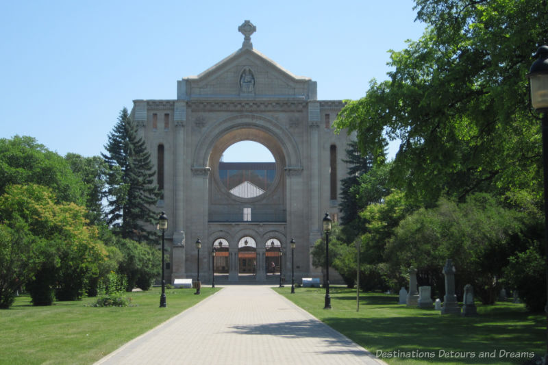 Stone facade of Saint Boniface Cathedral, all that remains of a 1908 church destroyed by fire in 1968