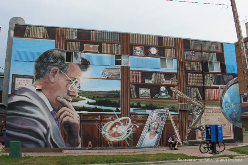 Mural showing a portrait of and collage of items related to one-time Winnipeg mayor Bill Norrie 