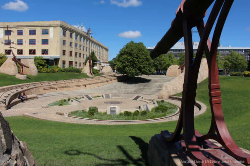 Shallow amphitheatre known as the Oodena Celebration Circle at The Forks pays homage to the 6,000 years of Aboriginal peoples in the area