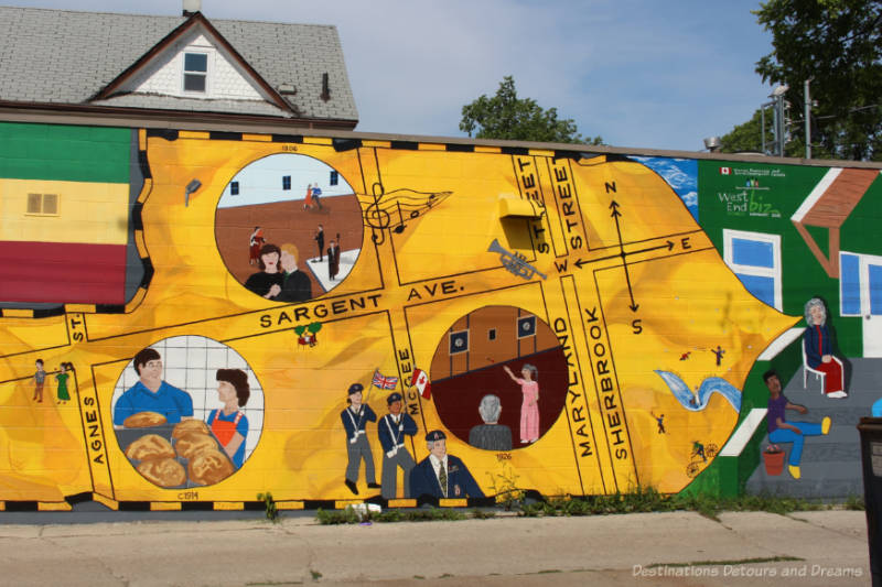 Mural in Winnipeg West End shows map of several main streets and images of historical events