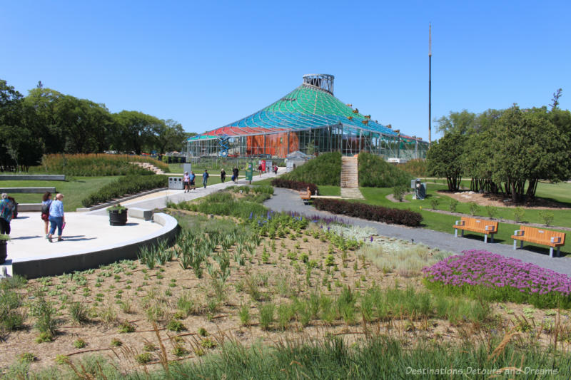 The Leaf building under construction at the end of outdoor gardens in Assinboine Park, Winnipeg, Manitoba, Canada