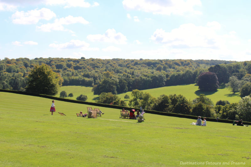 Large expanse of grassed yard overlooking a forested valley