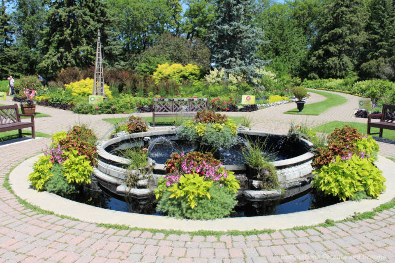 Circular fountain surrounded by planst and a stone walking path through an English-style garden