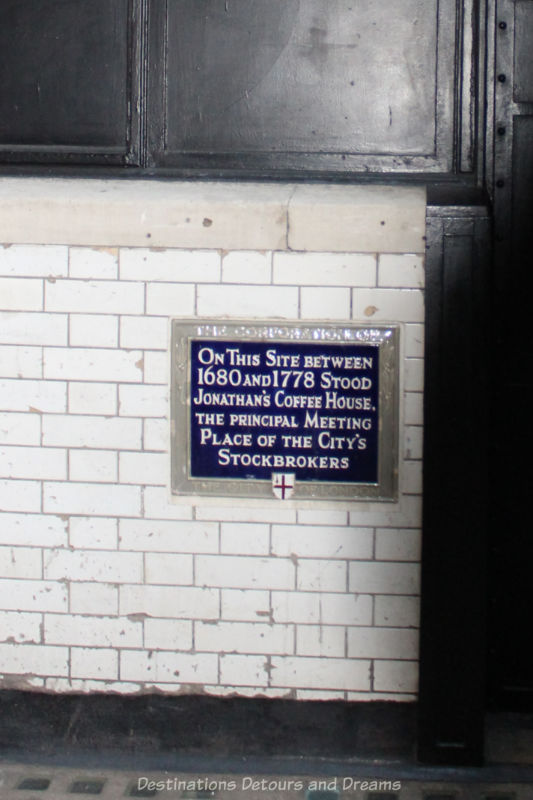 Plaque in London's Change Alley commemorating Jonathan's Coffee House