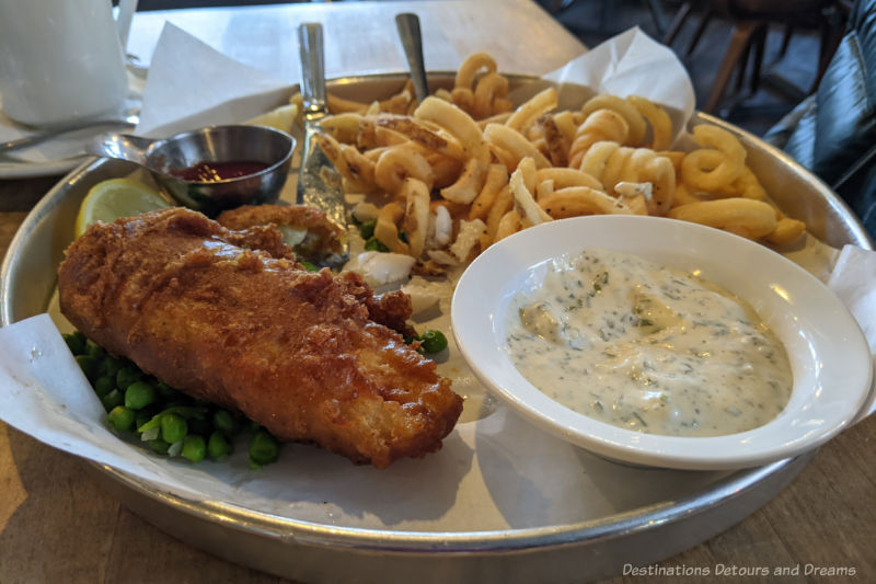 Fish and chips with tartar sauce at James Avenue Pumphouse