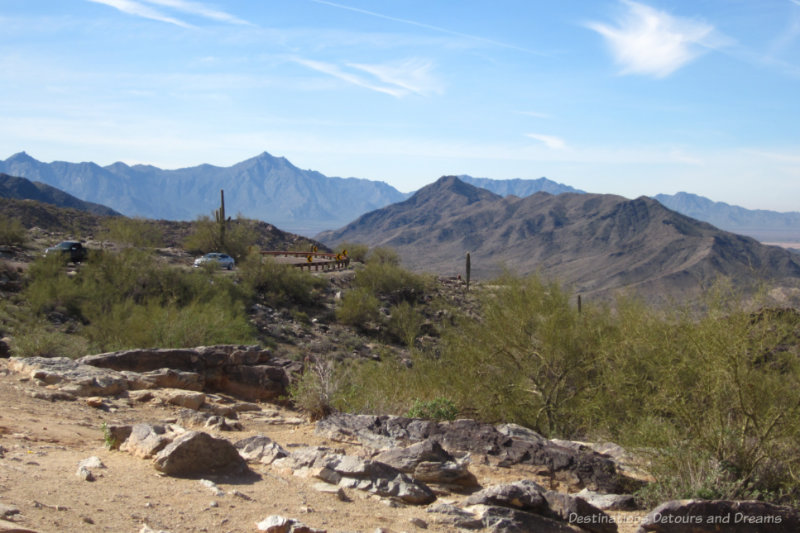 Road in mountainous desert landscape of South Mountain Park in Phoenix