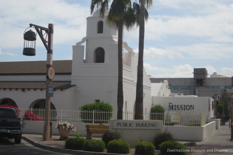 White adobe mission with bell tower in Old Town Scottsdale
