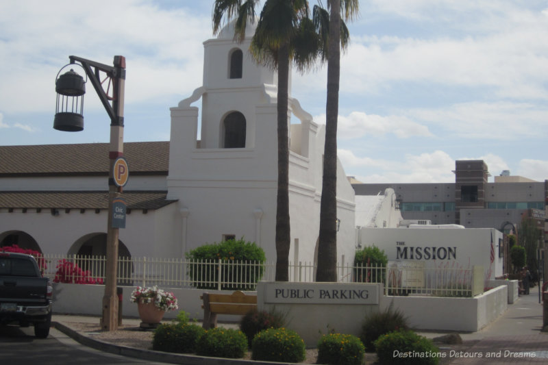 Scottsdale Adobe Mission White adobe mission with bell tower in Old Town Scottsdale