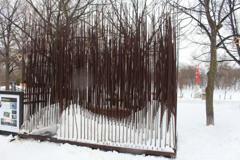 Spikes of rebar create a warming hut designed to resemble a prairie shelter belt