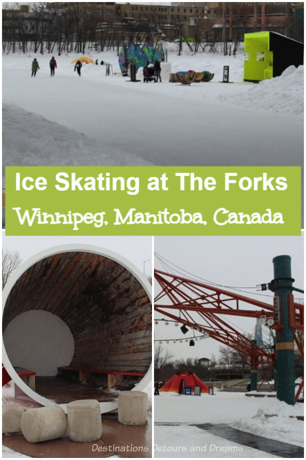 Winnipeg's Nestaweya River Trail: Walk, bike, ice skate, or cross-country ski on a beautiful frozen river trail lined with artistic warming huts at The Forks in Winnipeg, Manitoba, Canada