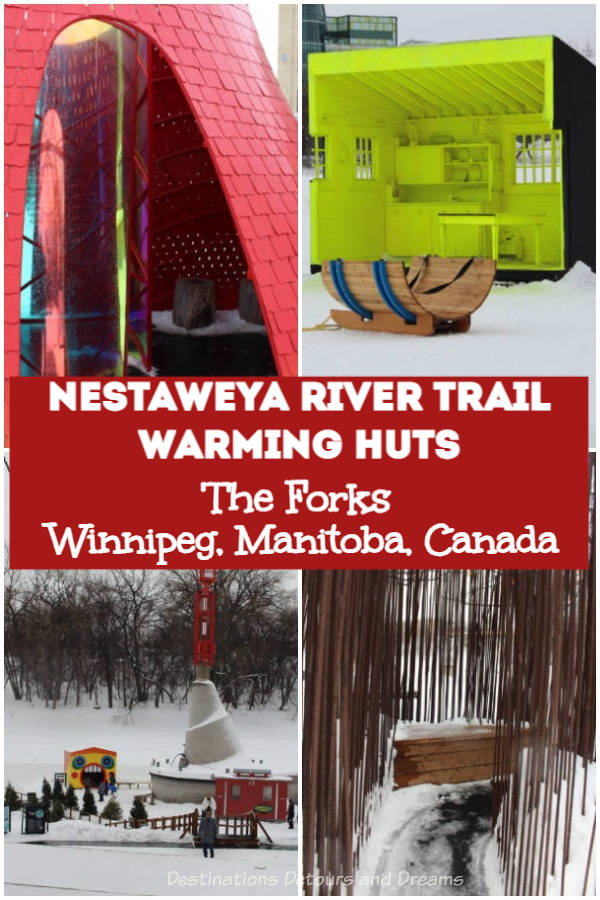 Winnipeg's Nestaweya River Trail: Walk, bike, ice skate, or cross-country ski on a beautiful frozen river trail lined with artistic warming huts at The Forks in Winnipeg, Manitoba, Canada