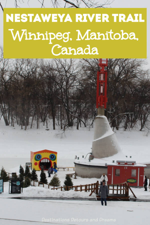 Winnipeg's Nestaweya River Trail: Walk, bike, ice skate, or cross-country ski on a beautiful frozen river trail lined with artistic warming huts at The Forks in Winnipeg, Manitoba, Canada