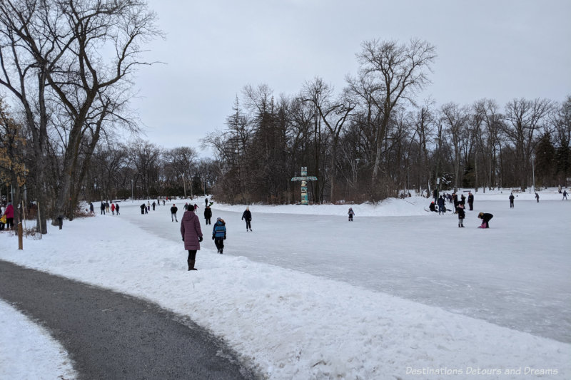 Skaters on a frozen pond in a park