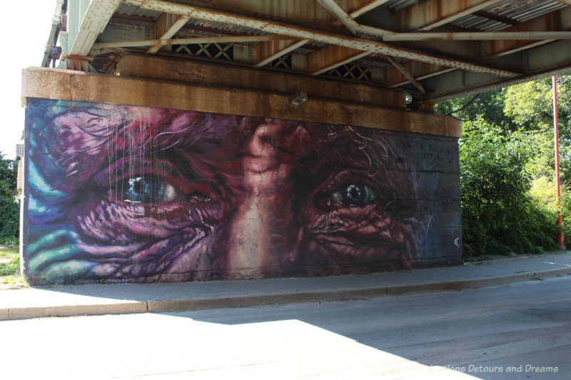 Mural on underside of a bridge in Winnipeg showing upside down wrinkled face celebrates diversity