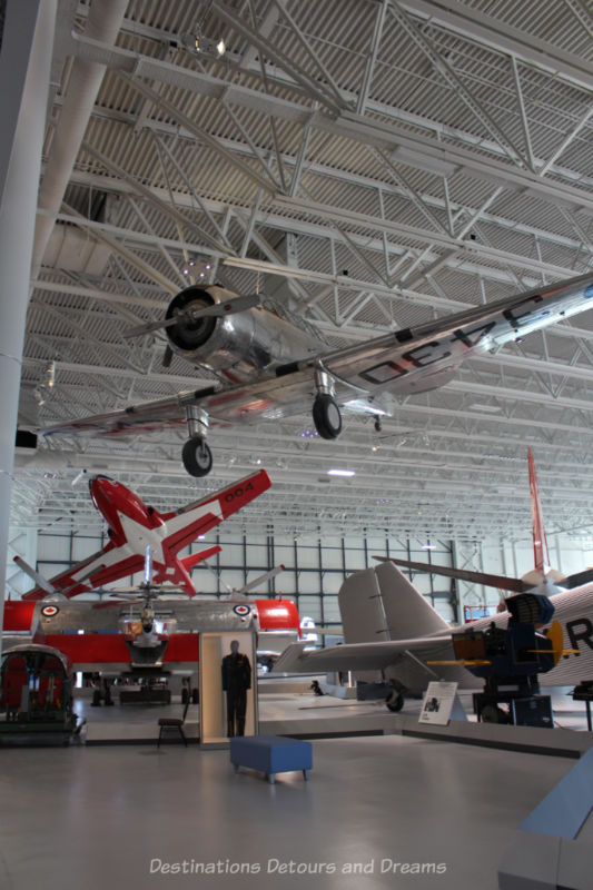Planes suspended from the ceiling of the Royal Aviation Museum of Western Canada