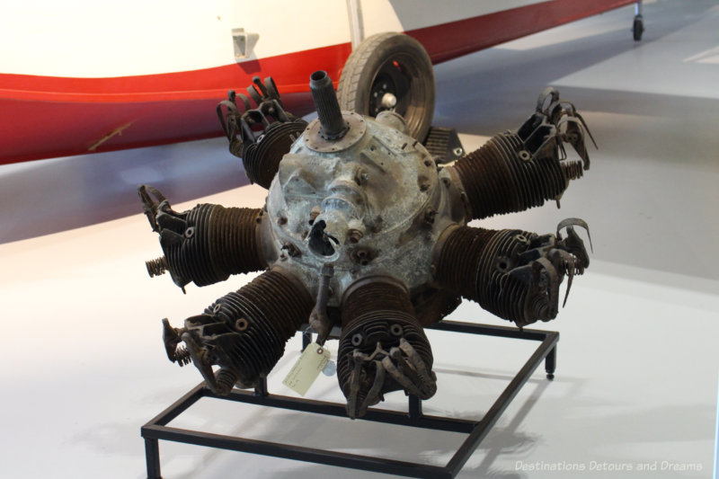 A Vickers Verdette engine salvaged from a wreckage is on display at the Royal Aviation Museum of Western Canada