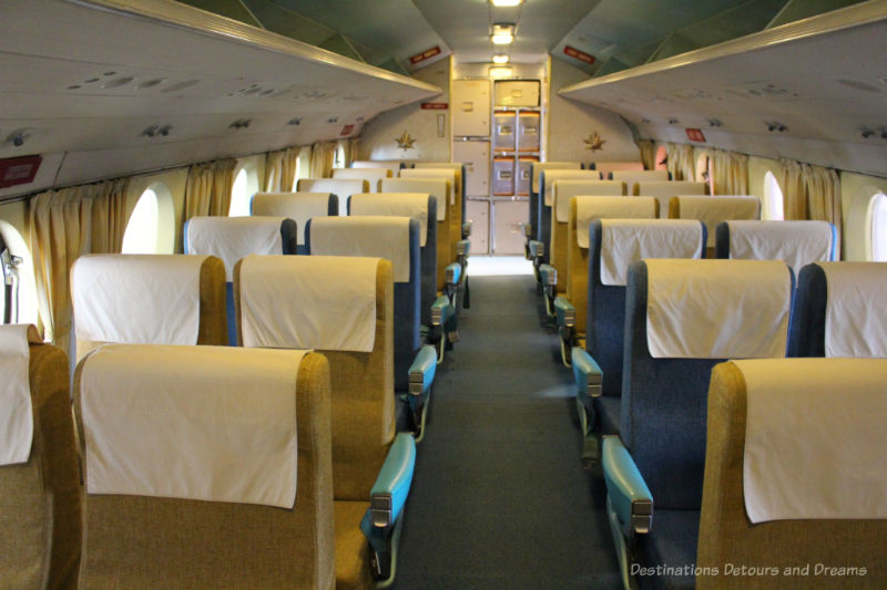Cabin of a 1958 Vikers Viscount airplane on display at the Royal Aviation Museum or Western Canada