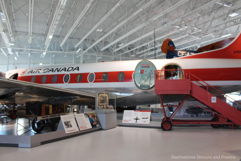 A 1958 Vikers Viscount airplane painted in the colours of Air Canada on display at the Royal Aviation Museum of Western Canada