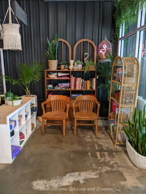 Shelves containing board games and books at Kilter Brewing