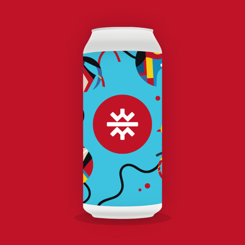 Vibrant blue background beer label with coloured lines and geometric shapes of Kilter Brewing Winnipeg Lager