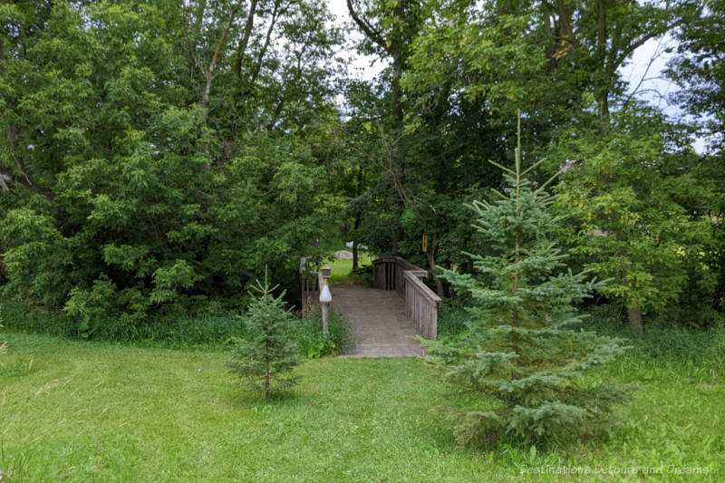 Moon Gate Bridge Wooden bridge through a patch of trees at the end of grassy expanse