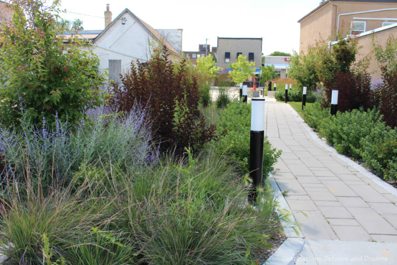 Park-like laneway between two streets in downtown Selkirk