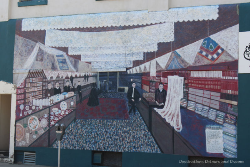 Moose Jaw Murals Clarke Bros. A mural that is a pixelated painting of the inside of a store in 1902