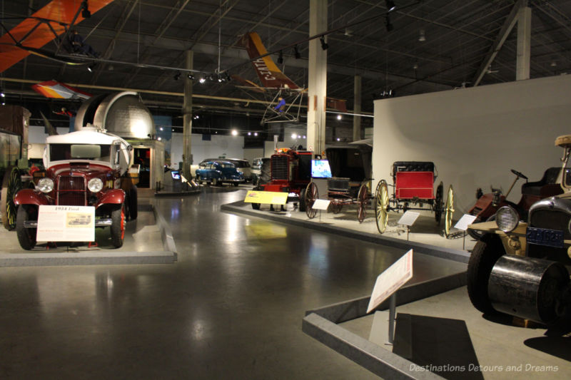 Collection of old cars in the Land Gallery of Moose Jaw Western Development Museum