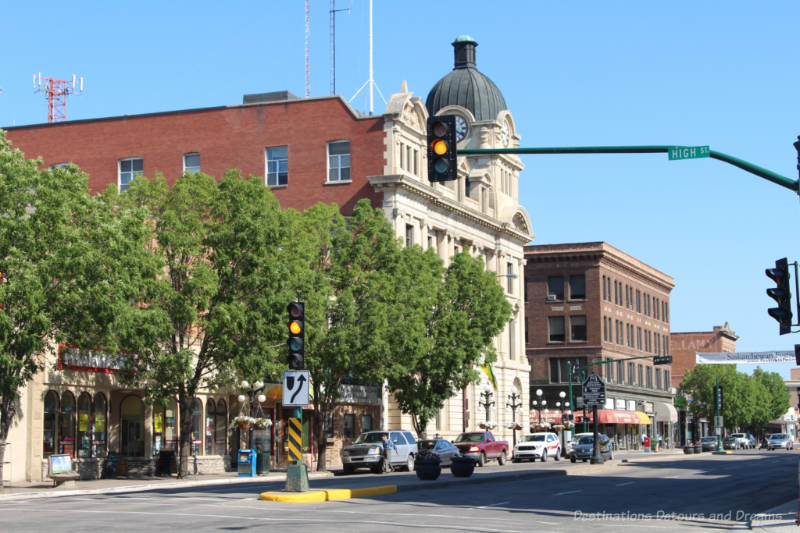 Main street of Moose Jaw Saskatchewn showing heritage buildings along the street