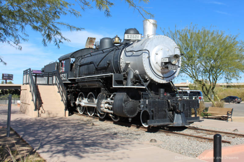 Yuma Baldwin Steam Locomotive Restored 1907 Baldwin steam locomotive on display in a public plaza in Yuma