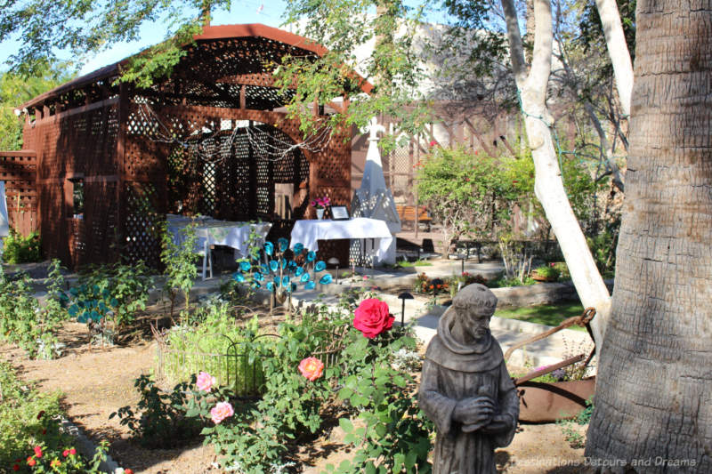 Yuma Sanguinetti House Garden Garden with vintage roses and covered dining area at Sanguinetti House Museum