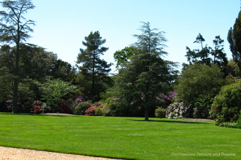 Lawn area on estate grounds with trees and flowering bushes in background