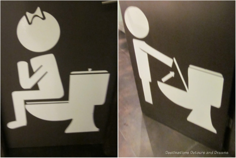 Side-by-side view of two toilet doors figures, one showing a figure with a bow in hair sitting on toilet, one showing a figure standing in front of toilet with lid up