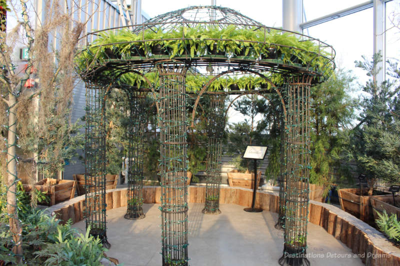 Round arbor made of metal with lights on pillars and fern-like greenery around the top